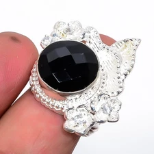 Brazilian Black Onyx & Topaz Silver Plated Ring s.7.5 T2725, Christmas Gift