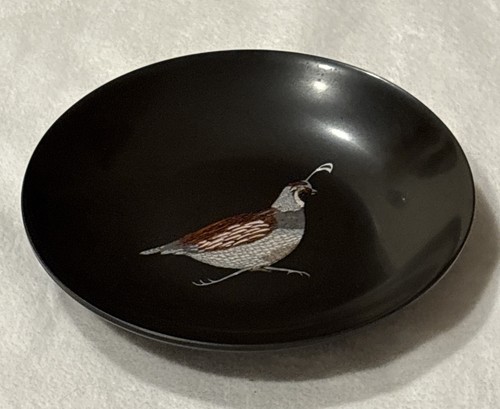 Vintage Mid Century Modern Couroc Bowl Quail Pheasant Bird Black Lacquer Marked - Picture 2 of 11