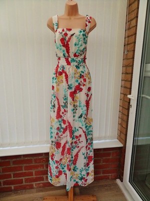 MONSOON WEISS BUNT GEBLÜMT TRANSPARENT PLISSEE CHIFFON 50ER JAHRE MAXIKLEID 14 EINMAL £160