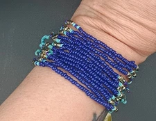 Glass Seed Bead Bracelet Gold Tone Hardware, Blue, Aqua Beads 7-9", 12-strand