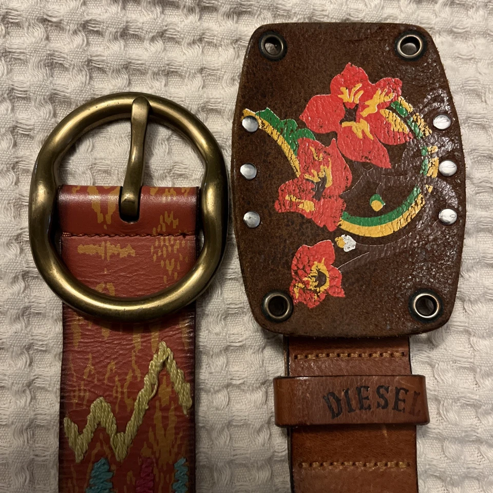 Cinturón de cuero estilo hawaiano Diesel y cinturón de cuero colorido bordado sin marca Foto 2 de 4