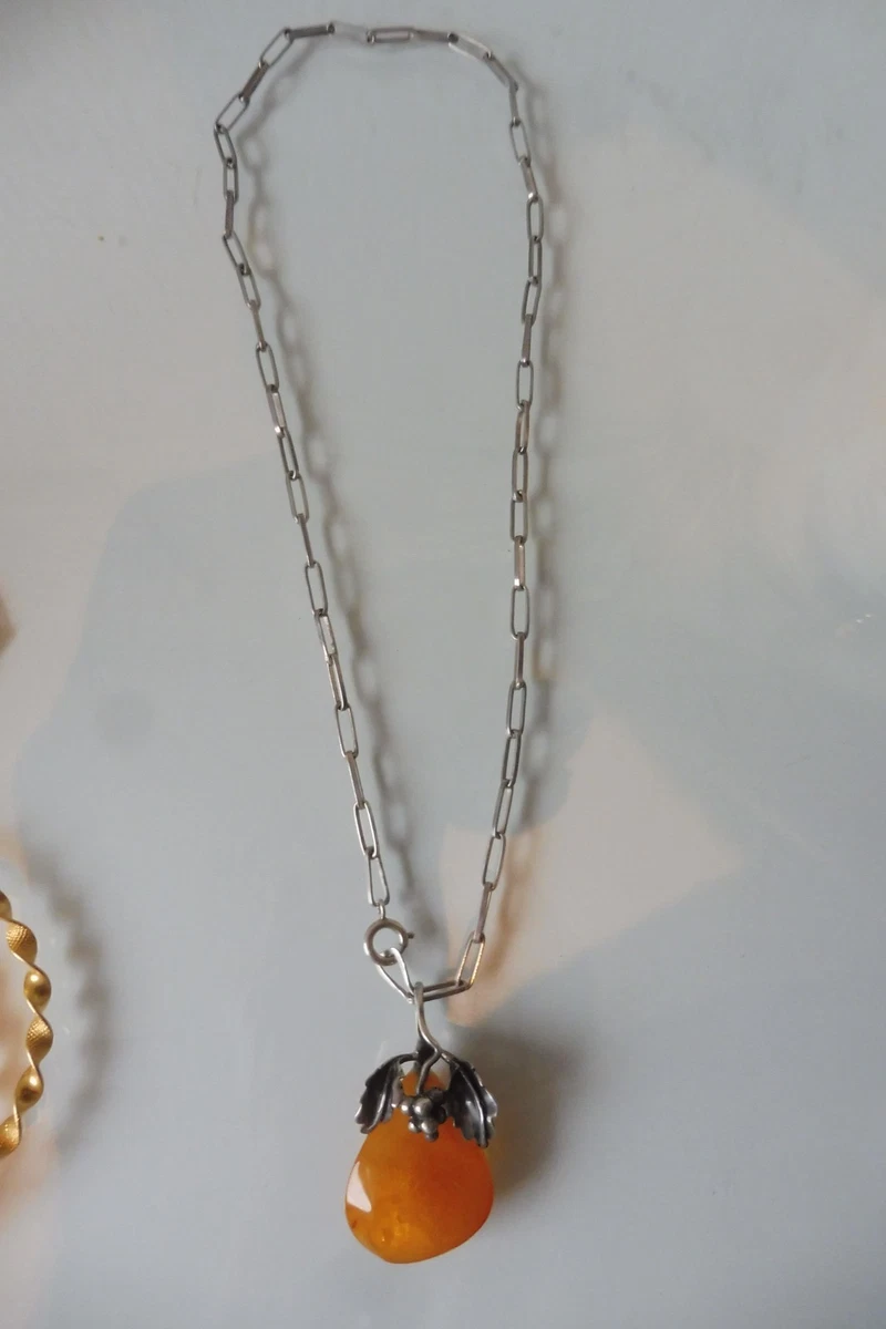 Collana Donna Con Cigno E Ambra Baltica: Argento Sterling Lucido, Ciondolo Con Catena Regolabile