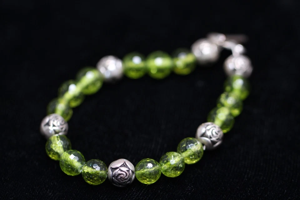 Peridot Faceted 8mm Ball Natural Green Gemstone Bracelet Rose Spacers 7 1/2" - Image 3 of 3