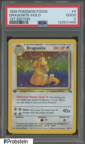 1999 Pokemon Fossil 1st Edition #4 Dragonite Holo PSA 2 GOOD