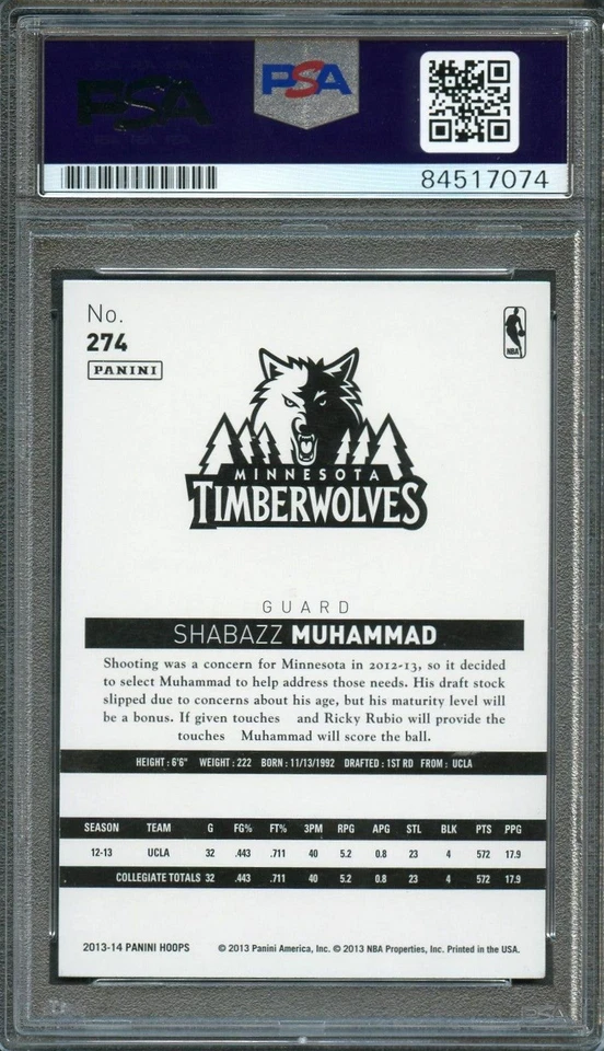 2013-14 NBA Hoops #274 Shabazz Muhammad Signed Rookie Card AUTO 10 PSA Slabbed R - Image 2 of 2