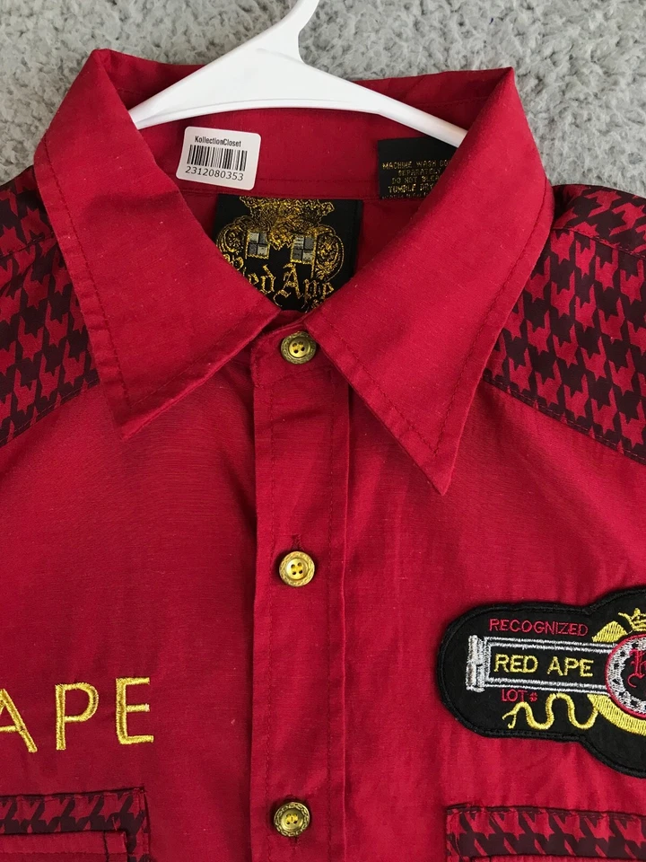 Red Ape Shirt Men's Medium Red Long Sleeve Button Down Pockets Embroidered Logo - Image 4 of 4