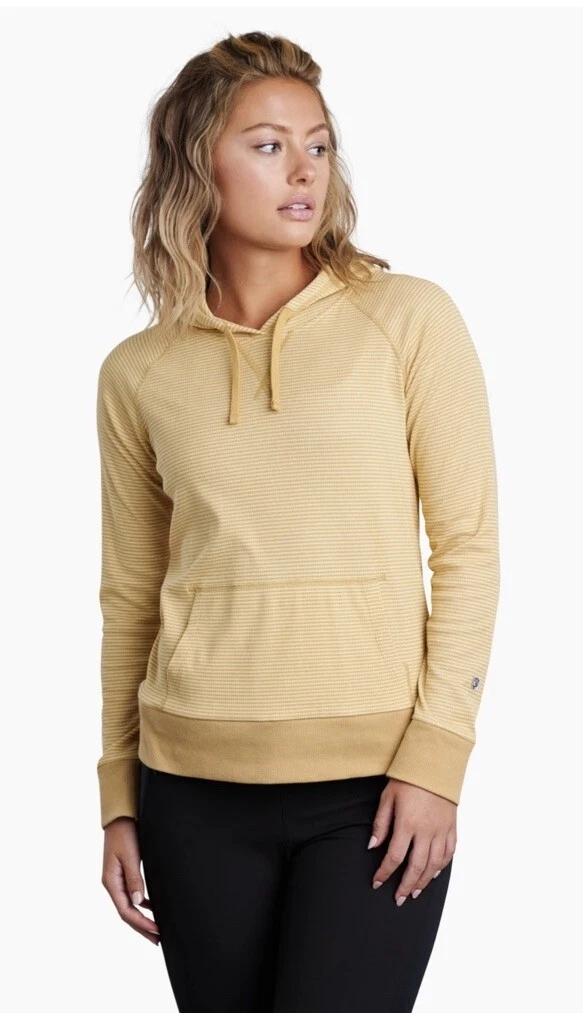 KUHL Stria Pullover Honey Yellow Striped Stretch Pullover Hoodie Women Medium
