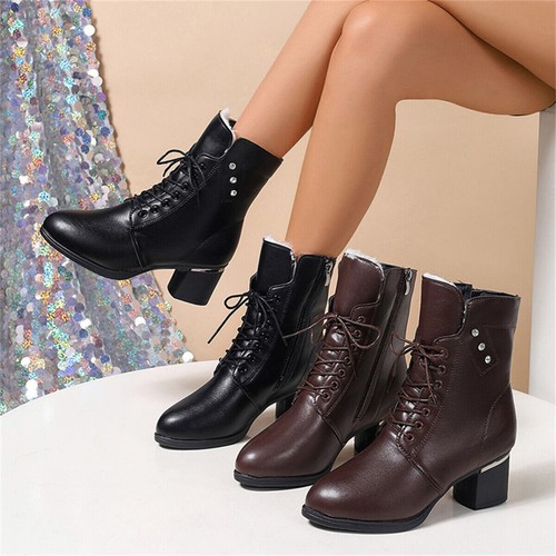 Botas al tobillo forradas de felpa para mujer con cordones cremallera tacones bloque otoño invierno zapatos - Imagen 1 de 14