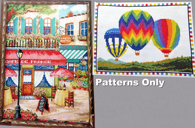 Café de France Outdoor Scene Hot Air Balloons Up Up Away CROSS STITCH PATTERNS