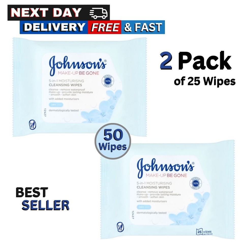 Johnson's Face Care Makeup Moisturising Wipes, Pack of 25 Wipes x 2, 4
