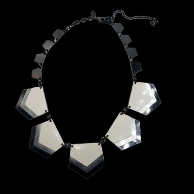Express Silver Black and White Geometric Statement Necklace 16-21'' adjust