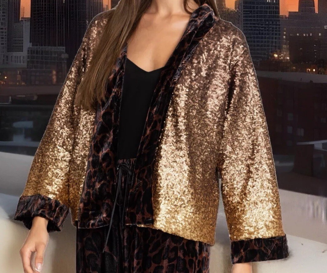 george様　 専用 Johnny Was XL 1X Kimono Silk Velvet & Sequins Gold Leopard