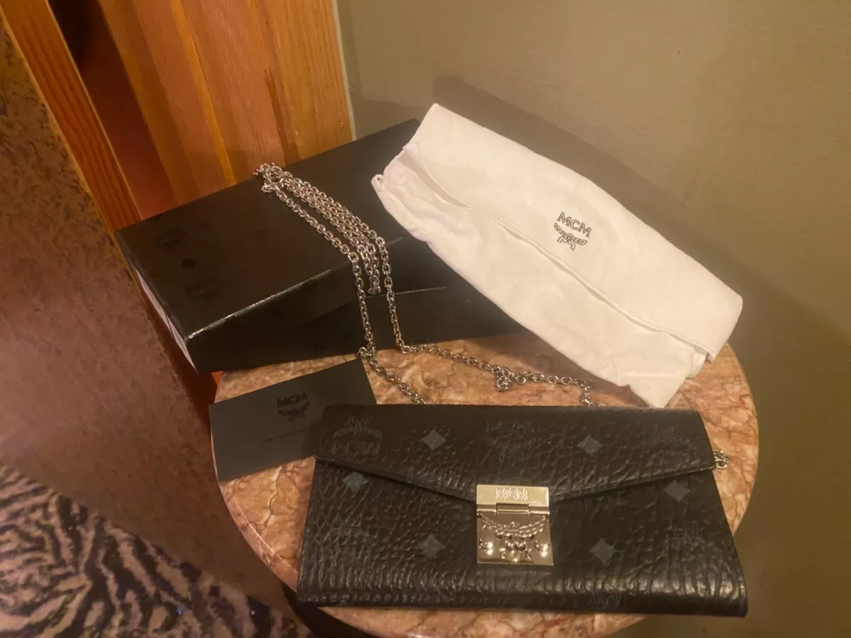 MCM Patricia Black Leather Clutch Bag Wallet With Chain CrossBody with Gift  Box