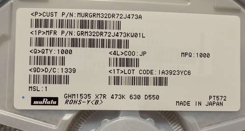 20 x NUEVO Murata 47nF MLCC, 630V dc V, ±10%, SMD GRM32DR72J473KW01L - Imagen 2 de 3
