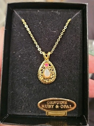 Genuine Ruby & Opal Gold Toned Necklace 18” Chain Fashion Jewelry