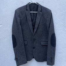 Burton Tweed Wool Hacking Jacket Mens Medium 38” Grey Herringbone Elbow Patch