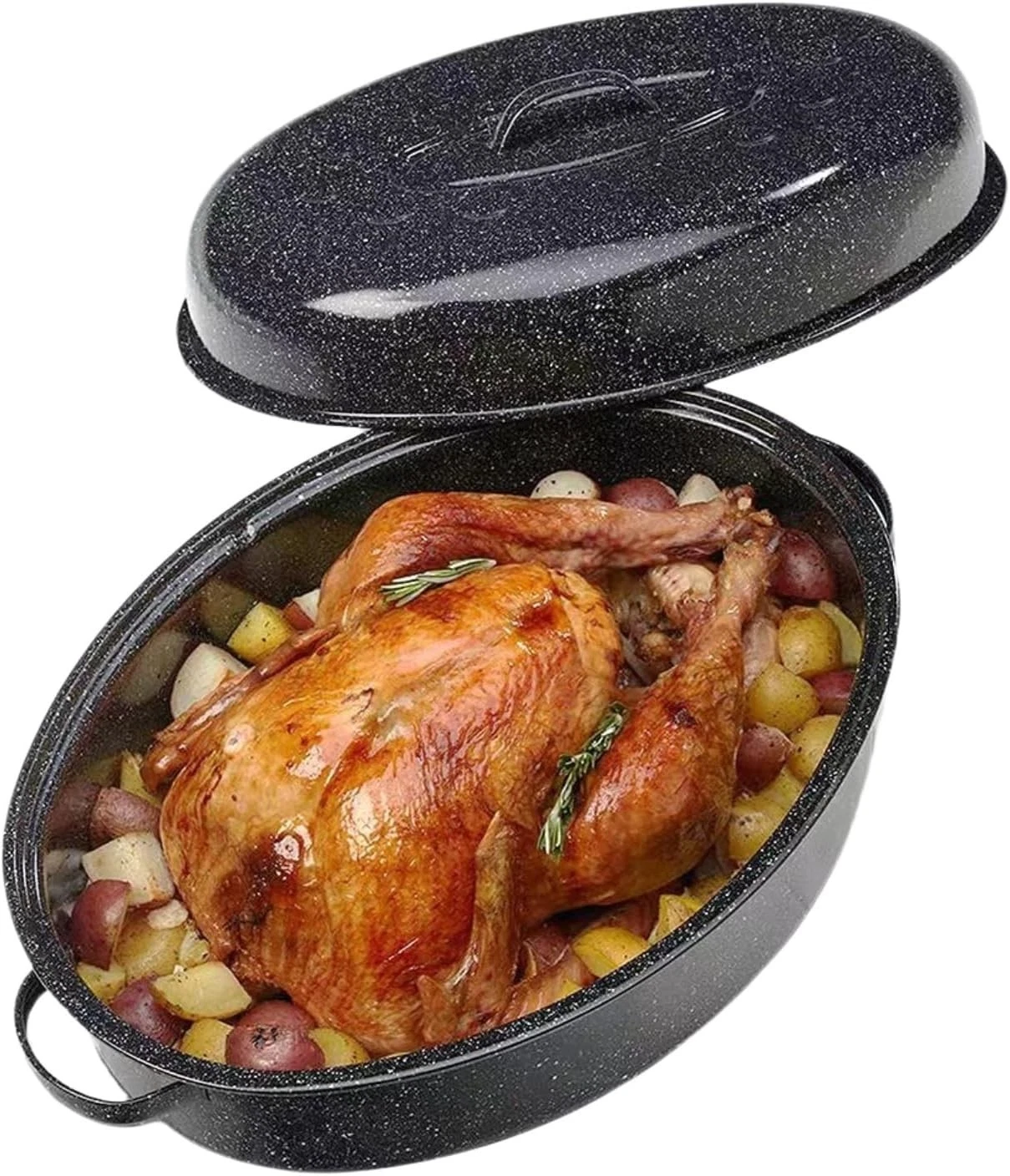 Turkey Roaster Pan with Lid, Enamel Carbon Steel, 18 Inch, Large Capacity, Oval