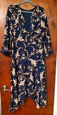 Tahari Arthur S. Levine Blue Gold Floral V-Neck 3/4 Bell Ruffle Zip Dress 14