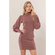 HYFVE Sparkly Mock Neck Bishop Slv Dress Fits S-M Rose Pink Stretch Lurex Keyhol