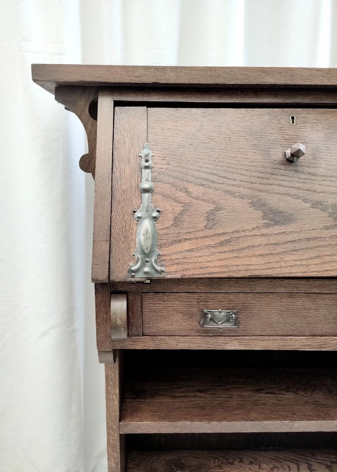 Antique Art Nouveau Arts & Crafts Ornate Small Narrow Oak Desk Bureau Bookcase - Image 2 of 4