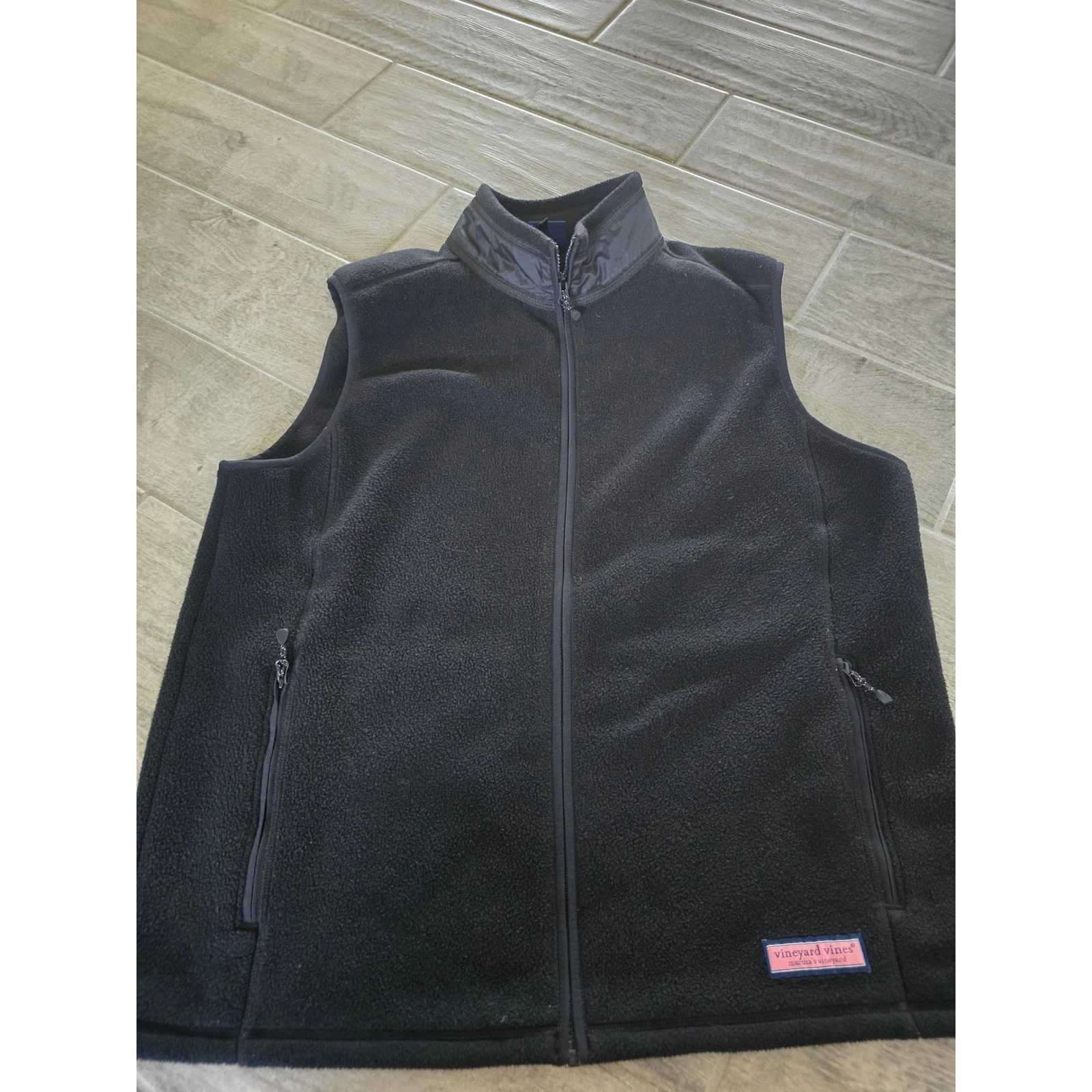 Vineyard Vines Mens Large Black Full Zip Fleece Vest Mock Neck Pockets Drawcord