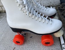 VTG Riedell 120 1536 Roller Skate Quad White Leather Boot Red Wheels Wmns Sz 8