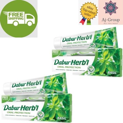 2 Pack X Dabur Herbal Natural Oral Protection Basil Toothpaste FREE Toothbrush