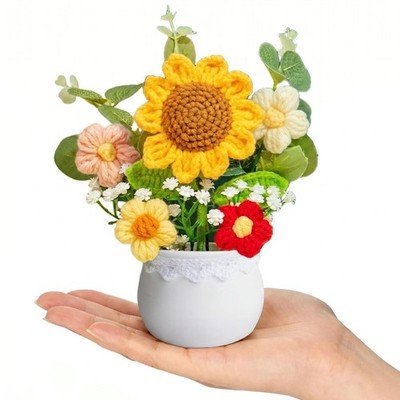 Crochet Flowers Artificial Sunflower Baby's Breath Knitted Eternal Potted Pla...