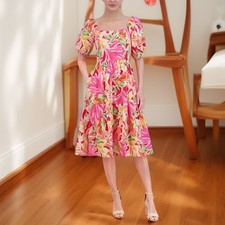 Vince Camuto Womens Floral Cotton Puff Sleeve Midi Dress Pink Multi Size 2 NWT