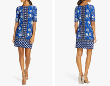 ELIZA J Blue Floral Print Stretch Knit 3/4 Sleeves Exposed Zip Shift Dress 2 XS