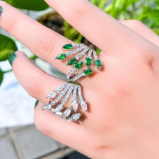 Adjustable Silver Plated Green Cubic Zirconia Leaf Engagement Ring for Brides 