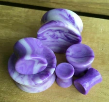 PAIR Concave Stone Plugs Violet Agate Gauges Earlets Body Jewelry