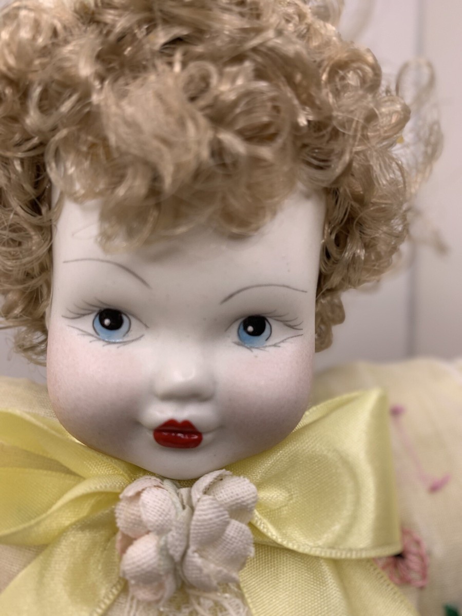 Doll Porcelain Made in Brazil Yellow Dress Kissy Lips 14” Vintage