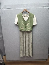 Vintage Allison-Che Green Gingham Dress With Embroidered Vest & Cream Top
