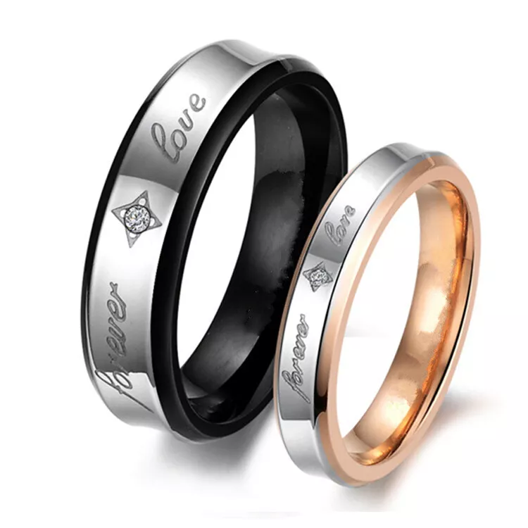Black Pink Forever Love Wedding Matching Ring CZ Inlay Men Women