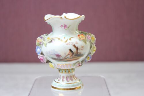 Alte Meissen Vase mit plastischblumen und Figuren/Blumen Malerei 1. Wahl - Bild 3 von 9