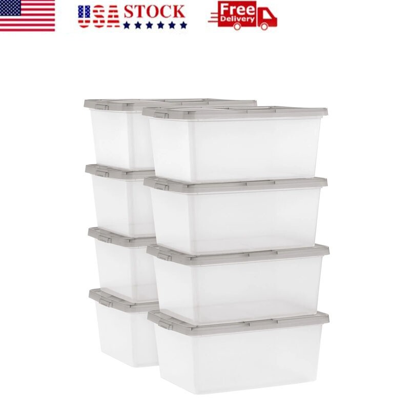 17 Qt Stackable Plastic Storage Bins with Lids - Set of 8 for Home Organization