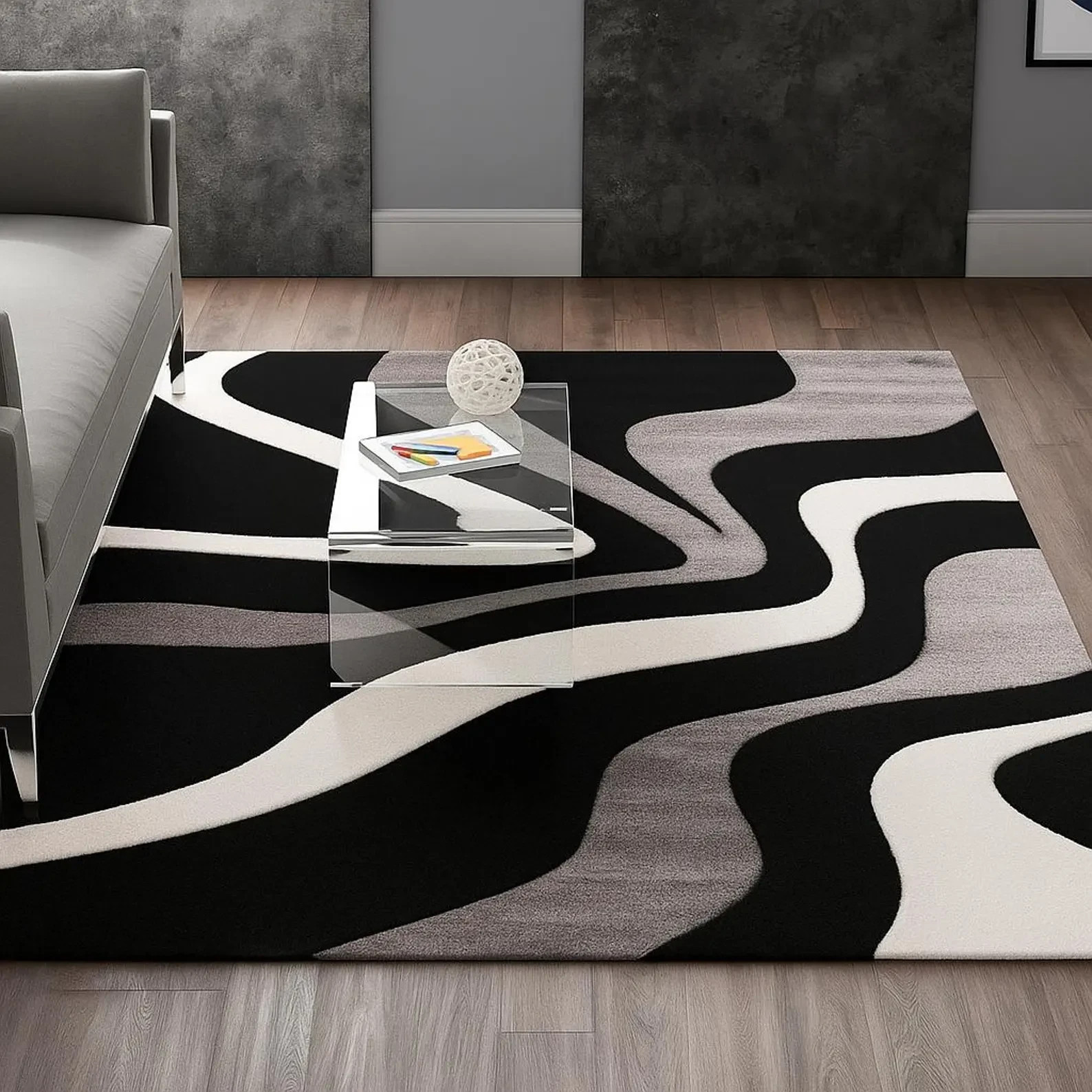 Black White Grey Abstract Rug, Hand Tufted Modern Carpet, Wavy Pattern Neutral