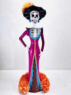 La Catrina Mexican Skeleton Orange Flowers Figurine Day Of The Dead Art 15''