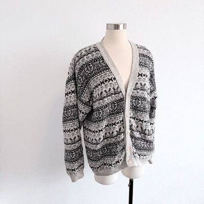 Vintage Peconic Bay Traders Grey Gray Patterned Cardigan Sweater Medium M Knit