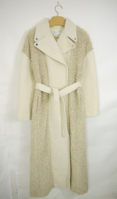 Longchamp Shearling Coat Ecru Beige Long Belted Alpaca Wool Size S