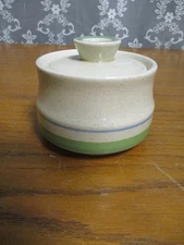 International Stoneware Sugar Bowl and Lid - Cream, Speckles - Green/Blue Stripe