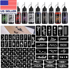Temporary Tattoo Kit 10 Bottles Color Inks, 84 Pcs Stencils Kit for Body Paint D