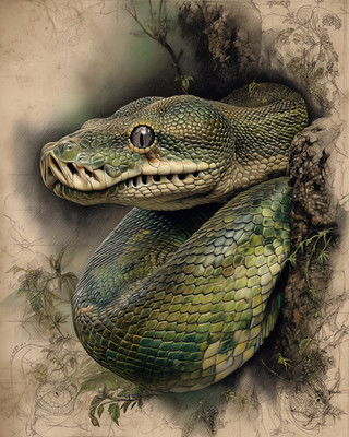 8x10 Green Snake coiled on tree trunk, emerald scales, leafy shadows - 142886209