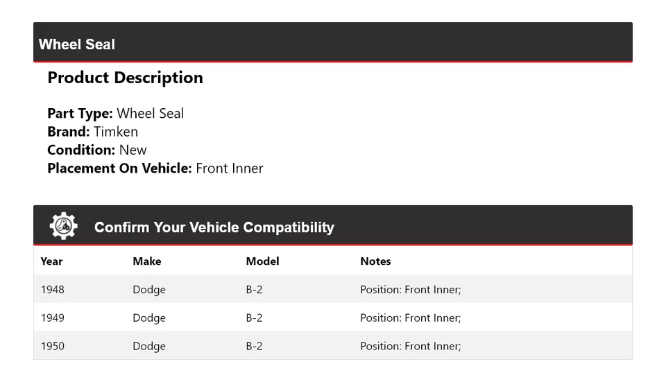 For 1948-1950 Dodge B-2 Wheel Seal Front Inner Timken 1949 - Image 2 of 4