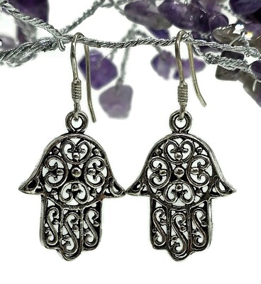 Hamsa Hand Earrings, Sterling Silver, Oxidized Silver, Universal sign of protect