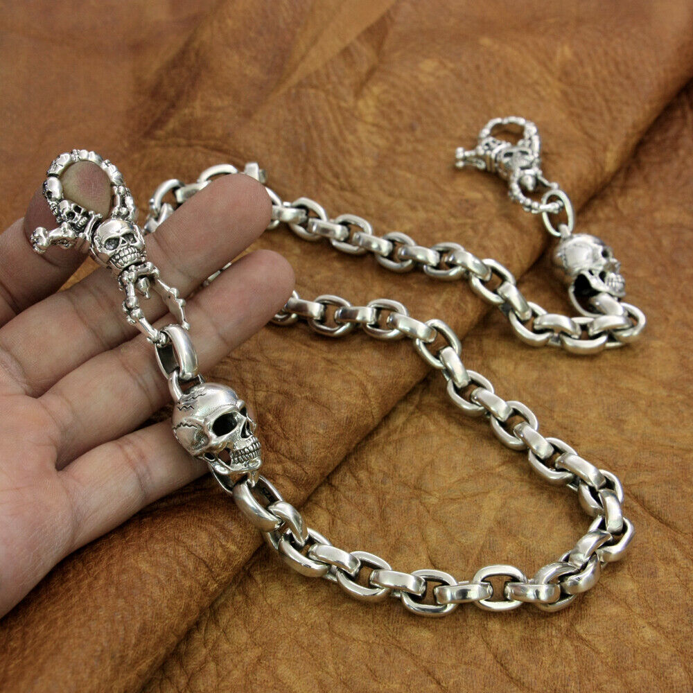 LINSION 925 Sterling Silver Skull Wallet Chain Mens Biker LINSION 925 Sterling Silver Skull Wallet Chain Mens Biker