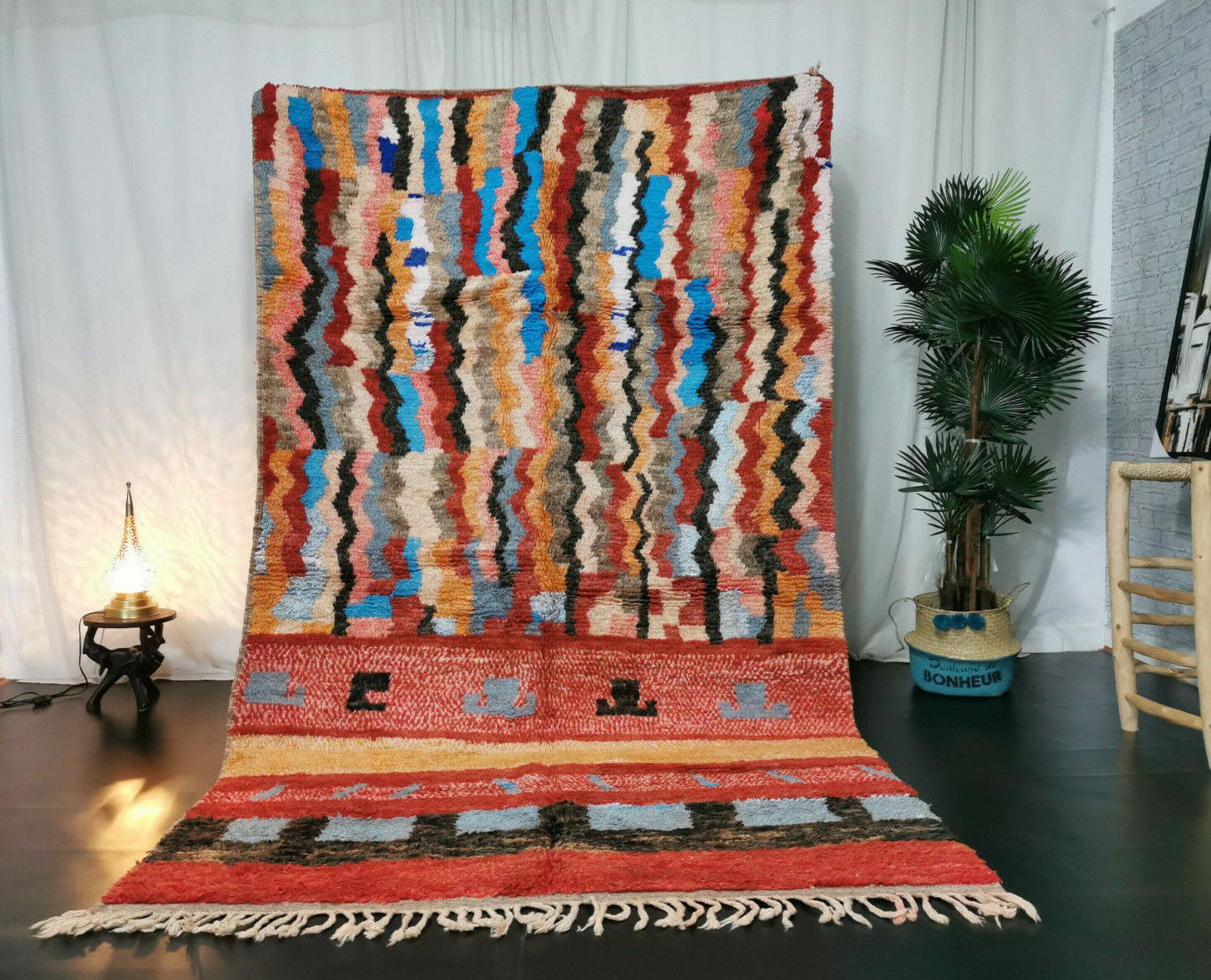 Boujaad Moroccan White Handmade Rug 5'3x8'9 Berber Patchwork Tribal Wool Carpet