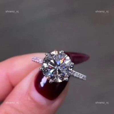 14K Solid White Gold Brilliant Cut Diamond New Solitaire with Accents April Ring
