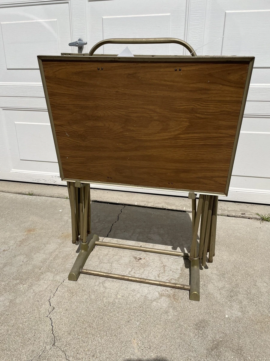 Vintage Mid Century Modern Set of 4 Faux Wood Metal TV Tray Tables w Stand